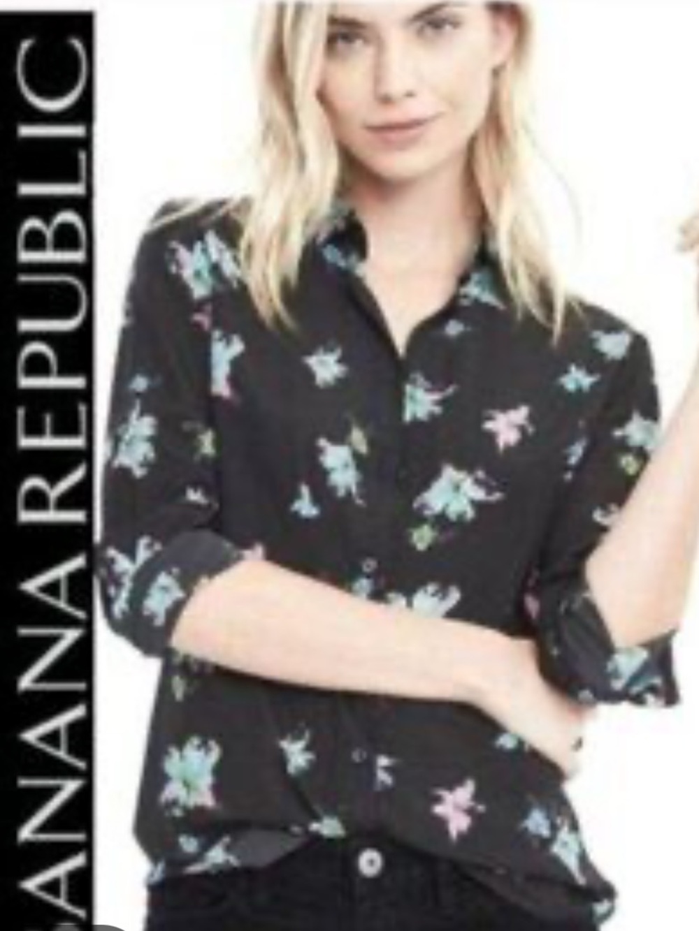 Banana Republic Black Button-Down Shirt with Pastel Floral Print